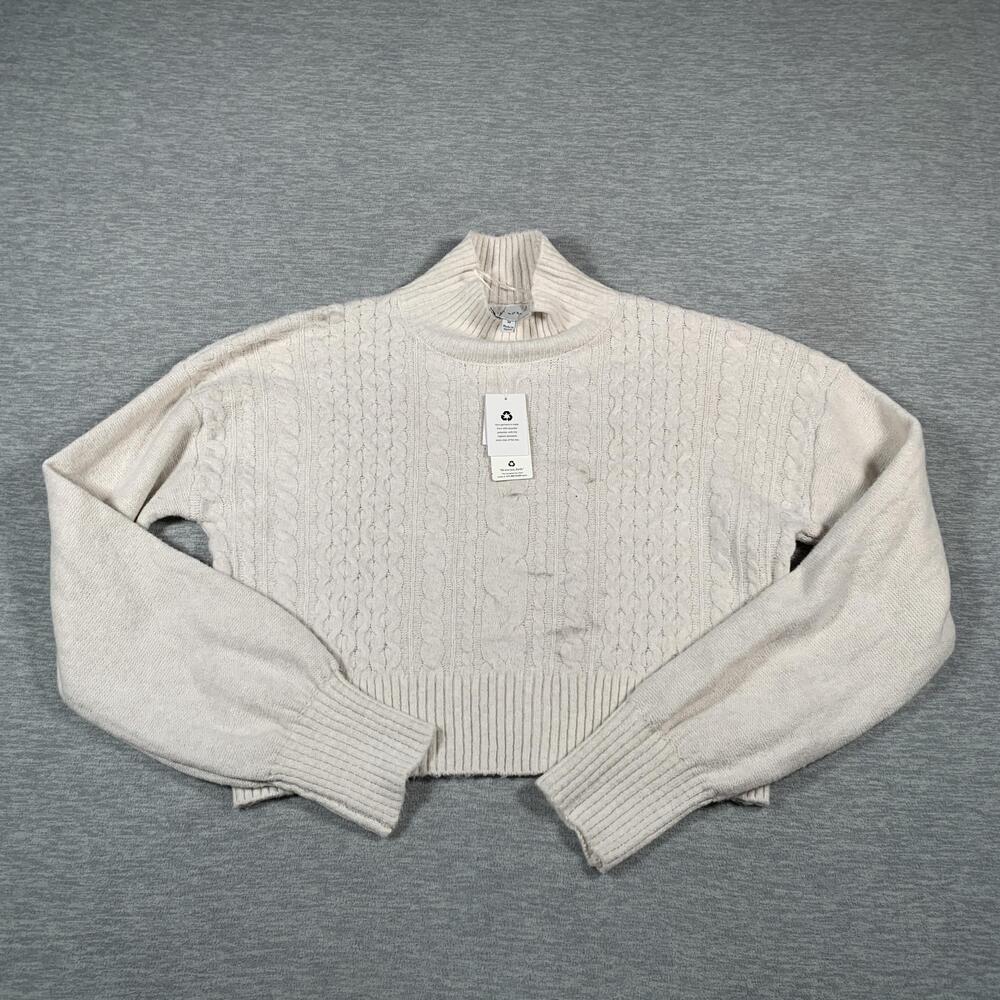 Pink Rose Sweater Womens Medium Magic Stone Ivory Cable Knit Mock Neck Cropped
